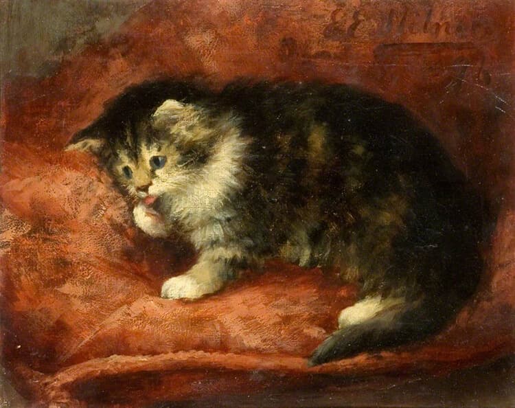 Cat Sitting on a Cushion Licking Its Paw Perfume Bottle