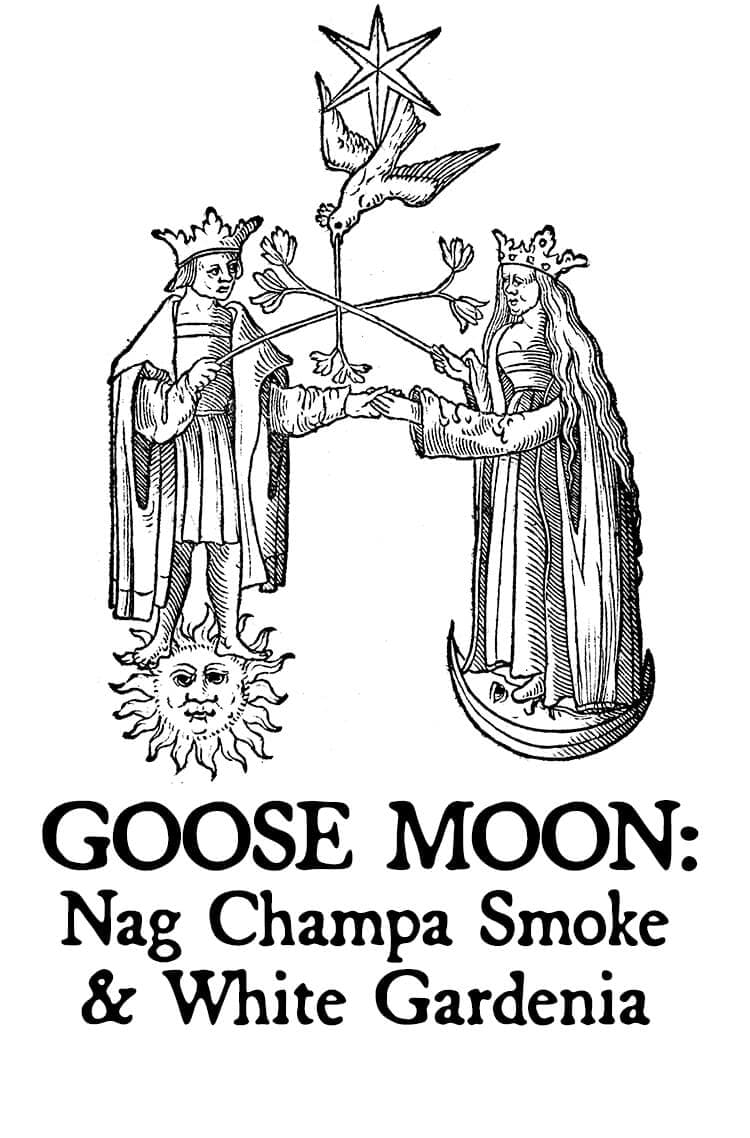 Goose Moon: Nag Champa Smoke and White Gardenia Perfume Bottle
