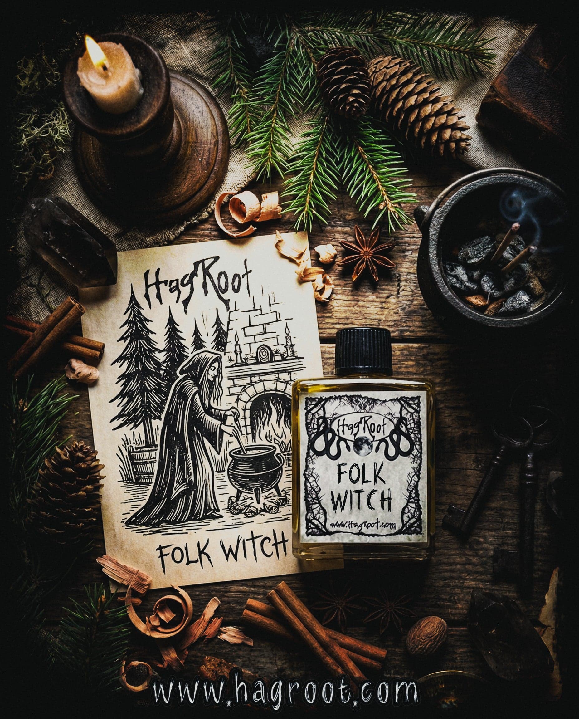 Folk Witch Evergreen Trees Ceremonial Fire Perfume Bottle
