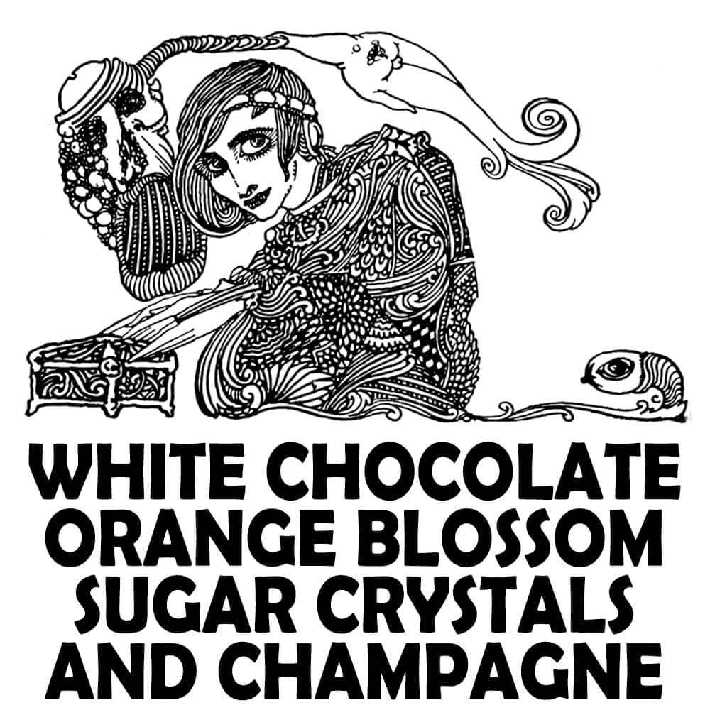 White Chocolate, Orange Blossom, Sugar Crystals, and Champagne Perfume Bottle