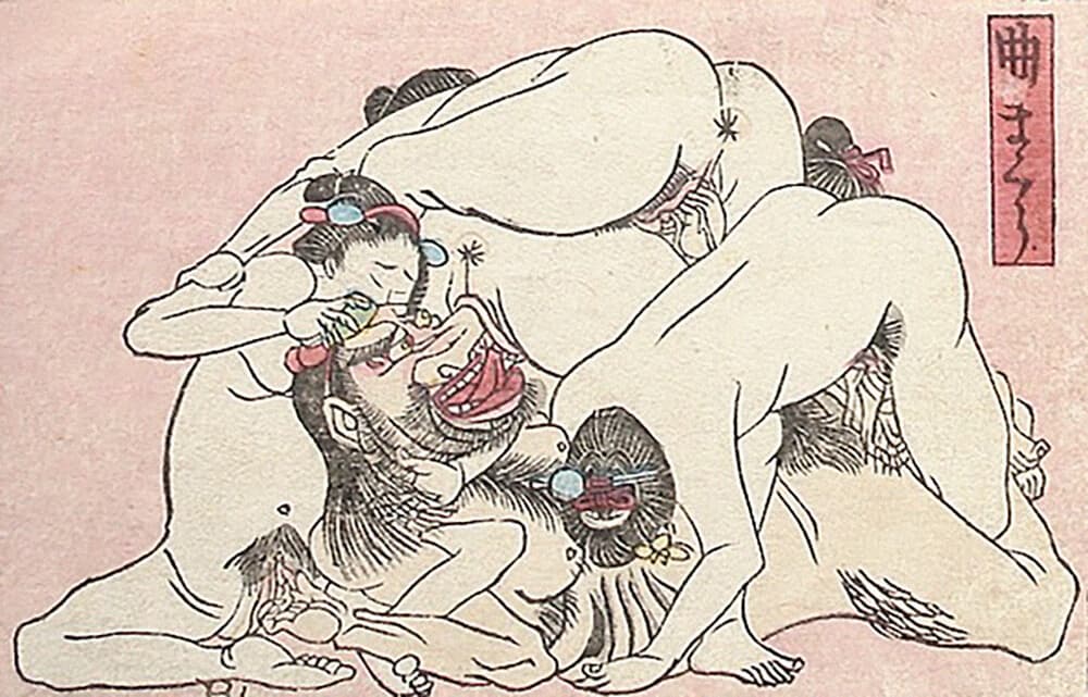 Jovial Tengu Making Love to Four Women Perfume Bottle