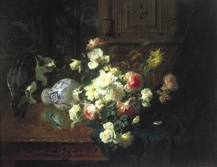 Floral Still Life With Cat Perfume Bottle