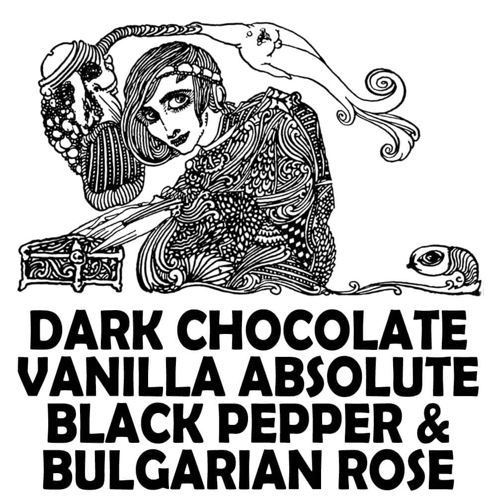 Dark Chocolate, Vanilla Absolute, Black Pepper, and Bulgarian Rose Perfume Bottle